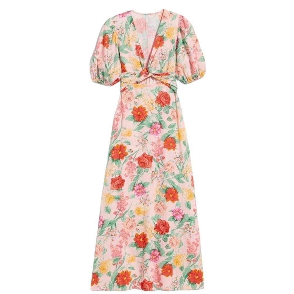 Old navy Fit & Flare Linen-Blend Maxi Dress Floral Twist Front Puff Sleeve
